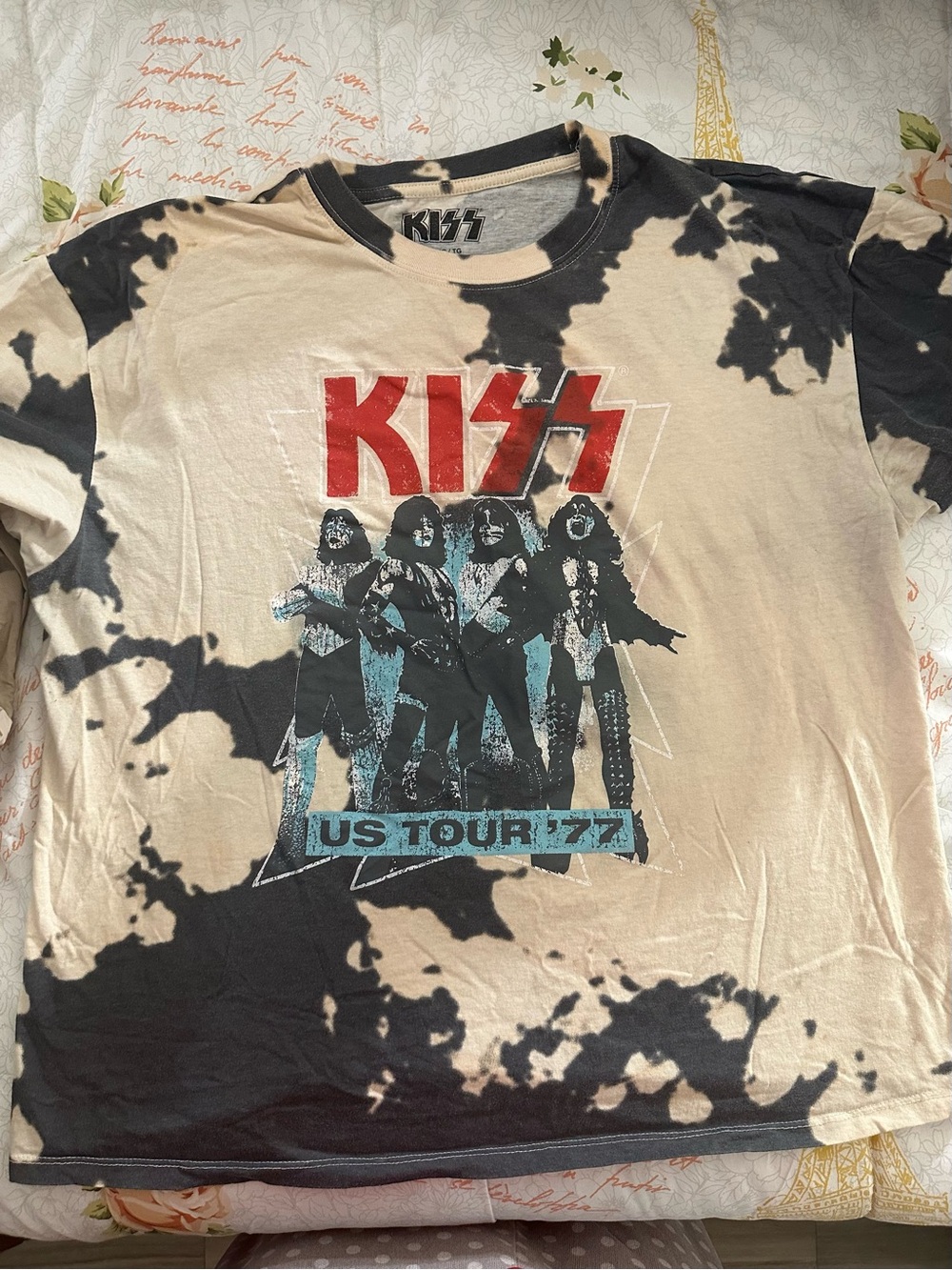 KISS US Tour '77 Bleach Wash T-Shirt Black & Cream XL